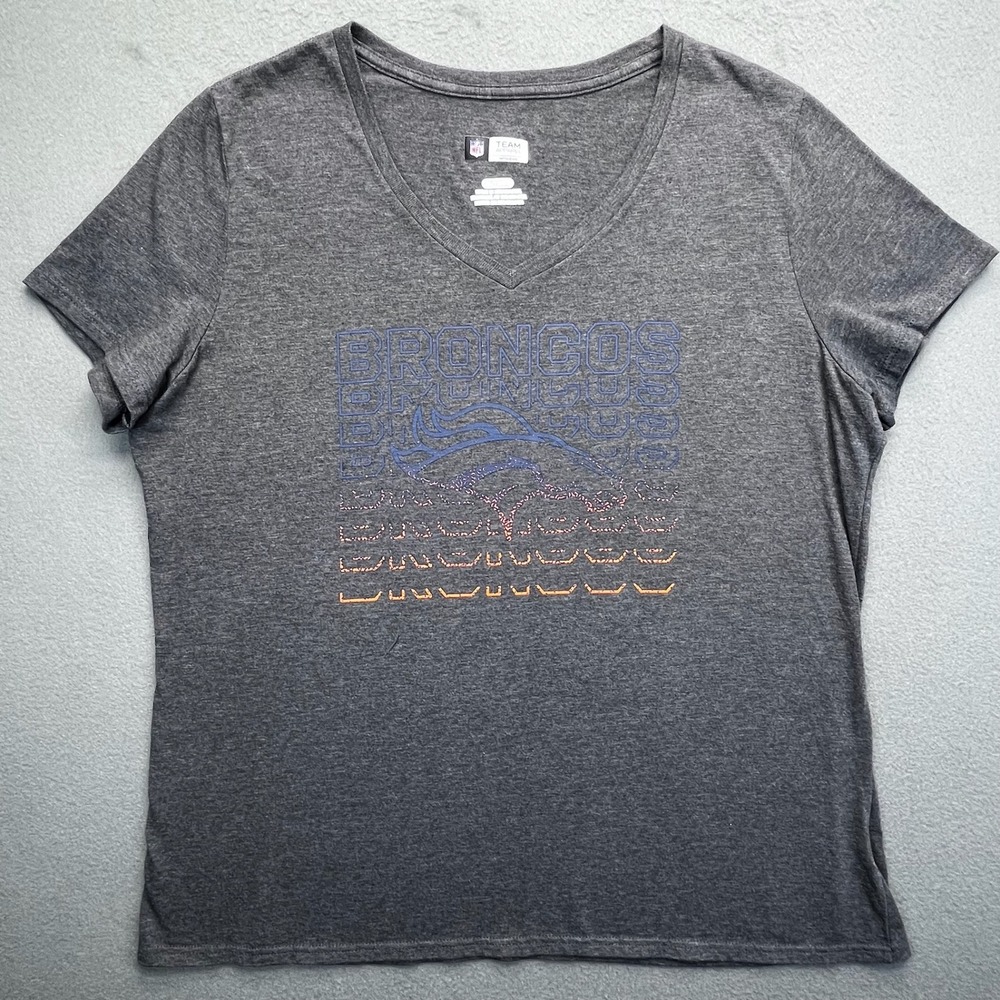 NFL Team Apparel Womens Broncos V Neck T Shirt Gray XL TG EG Athletic NFL